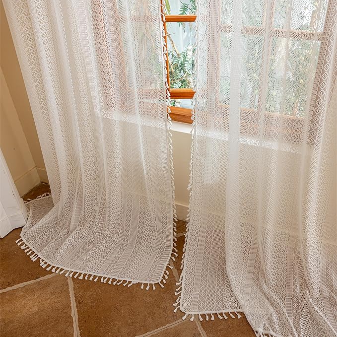 Sutuo Home White Boho Lace Curtains 96 inches Long for Living Room Dining Room, Vintage Tassels Semi Sheer Curtains Farmhouse Privacy Cream Rustic Victorian Style Rod Pocket Decor, 2 Panels 50" W
