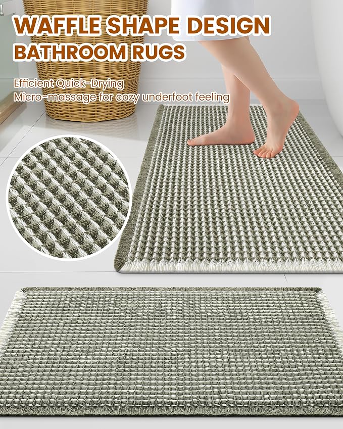 Smiry Waffle Bath Mat 30x20, Extra Soft Absorbent Bathroom Rugs, Non Slip Machine Washable Quick Dry Bath Rugs for Bathroom Floor, Tub, Shower, Home Decor Accessories, Green & Cream