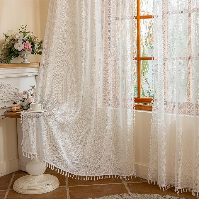 Sutuo Home White Boho Lace Curtains 96 inches Long for Living Room Dining Room, Vintage Tassels Semi Sheer Curtains Farmhouse Privacy Cream Rustic Victorian Style Rod Pocket Decor, 2 Panels 50" W