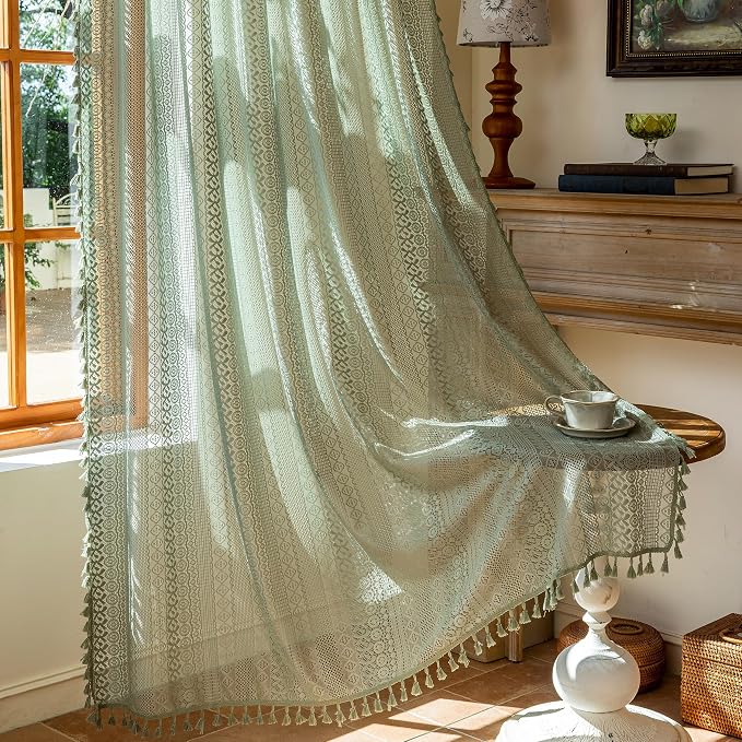 Sutuo Home Sage Green Boho Lace Curtains 2 Panels for Kitchen Living Room | Bohemian Cottage Semi Sheer Window Curtains Drape Crochet Vintage Tassels Privacy Rustic Geometry Xmas Rod Pocket, 50" x 63"