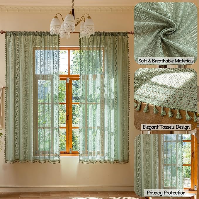 Sutuo Home Sage Green Boho Lace Curtains 2 Panels for Kitchen Living Room | Bohemian Cottage Semi Sheer Window Curtains Drape Crochet Vintage Tassels Privacy Rustic Geometry Xmas Rod Pocket, 50" x 63"