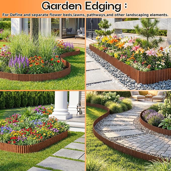 MTART Metal Garden Edging for Landscaping, Sturdy Corrugated Edging Border for DIY Flower Bed, Lawn and Landscape Edging (Rusty, 12"×20Ft)