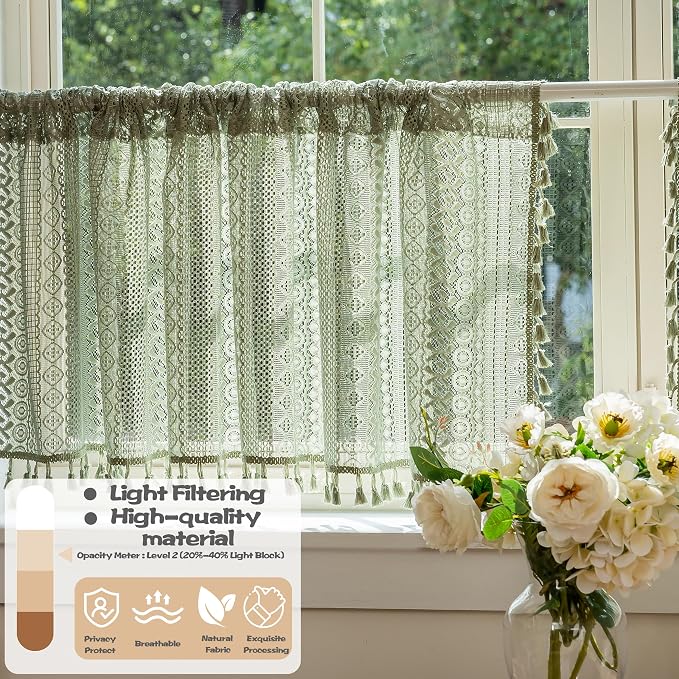 Sutuo Home Sage Green Sheer Boho Short Curtains Valance for Kitchen Cafe | Macrame Lace Curtains Bohemian Crochet Privacy Vintage Tassels Cottagecore Closet Decoration Rod Pocket,2 Panels 50"W x 18" L