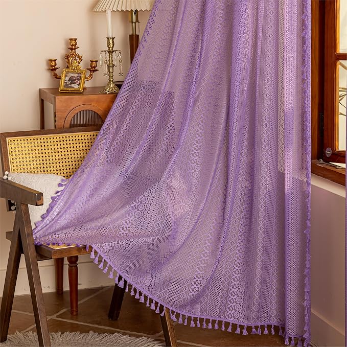 Sutuo Home Boho Curtains 2 Panels, Purple Lace Curtains for Kitchen Kid's Room Semi Sheer Crochet Vintage Country Rustic Tassels Bohemian Drape Privacy Window Treatments Rod Pocket, 50" x 63" Lavendar