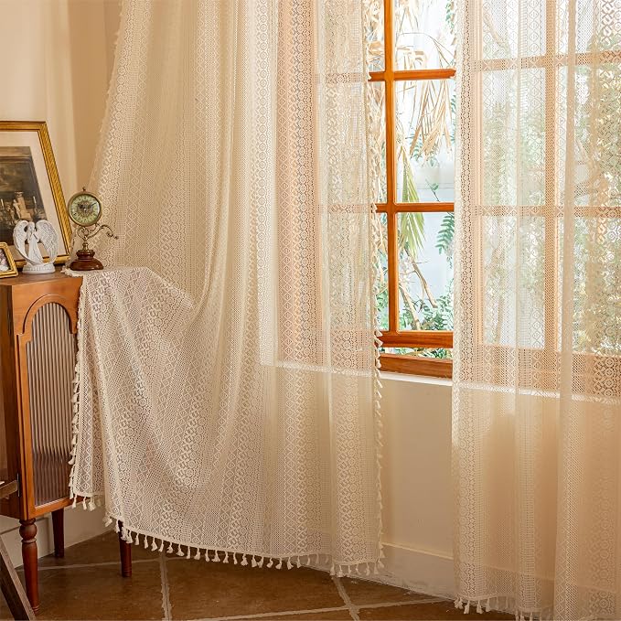 Sutuo Home Beige Boho Lace Curtains 84 inches Long,Crochet Macrame Bohemian Drape Farmhouse Vintage Chic Tassels,Cream Sheer Window Curtains for Living Room&Bedroom Decor Rod Pocket, 2 Panels 50" W