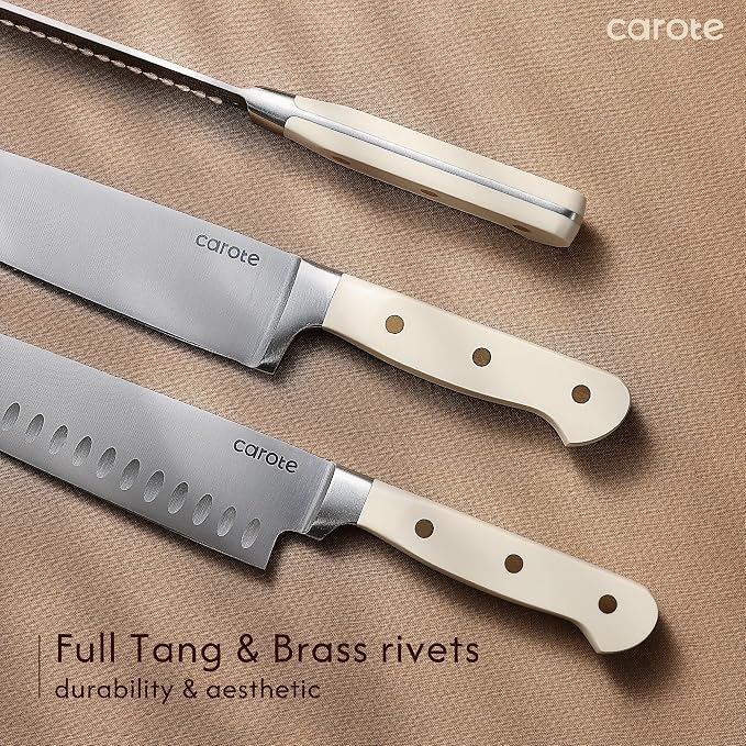 CAROTE 11-Piece Kitchen Knife Set with Magnetic Wood Block, Beige | Razor-Sharp Stainless Steel Knives, Long-Lasting Sharpness, Rust-Resistant, Triple-Riveted Ergonomic Non-Slip Handles