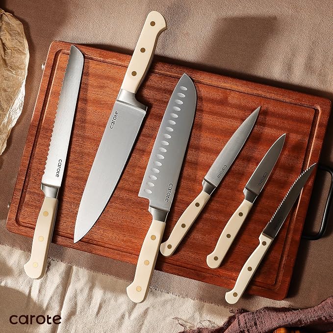 CAROTE 11-Piece Kitchen Knife Set with Magnetic Wood Block, Beige | Razor-Sharp Stainless Steel Knives, Long-Lasting Sharpness, Rust-Resistant, Triple-Riveted Ergonomic Non-Slip Handles