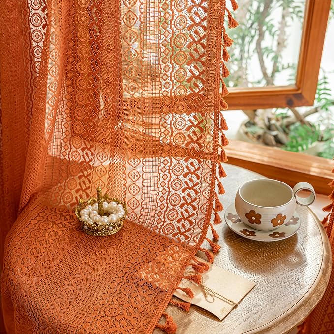 Sutuo Home Terracotta Boho Lace Curtains 2 Panels 84 Inches Long for Living Room&Bedroom, Burnt Orange Crochet Privacy Farmhouse Vintage Tassels Retro Halloween Window Sheer Curtains Rod Pocket,50" W