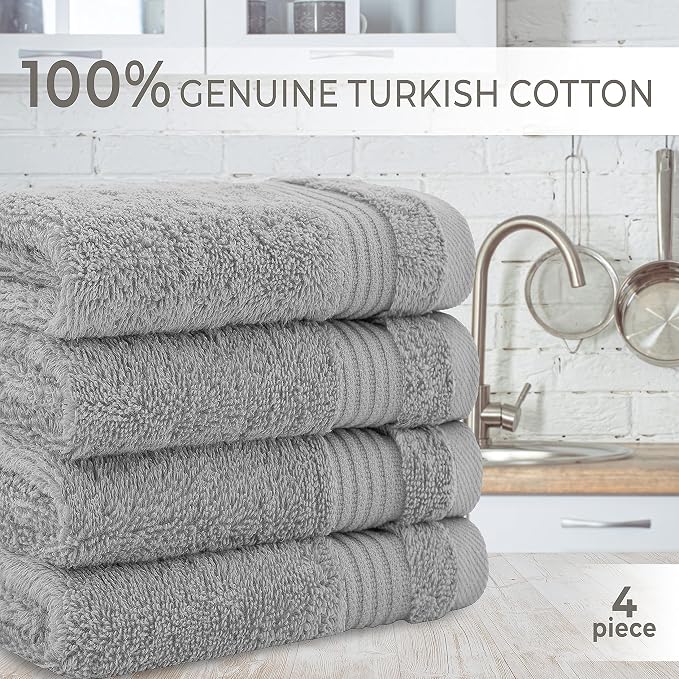 Cotton Paradise 100% Cotton Turkish Towel Set, Soft Absorbent Quick Dry, 4 Piece Washcloth Set, Light Grey