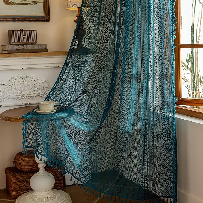 Sutuo Home Boho Lace Teal Curtains 96 inches Long for Living Room Bedroom, Semi Sheer Curtains Turquoise Farmhouse Privacy Crochet Vintage Tassels Window Decor Rod Pocket Decor, 2 Panels 50" W