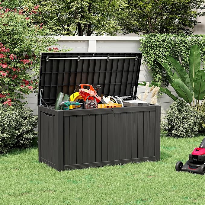 Outdoor Storage Box, 180 Gallon Large Outdoor Resin Deck Box, Storage Waterproof Boxes Lockable Lid for Garden Tools, Pool Supplies, Patio Furniture and Cushions, Black