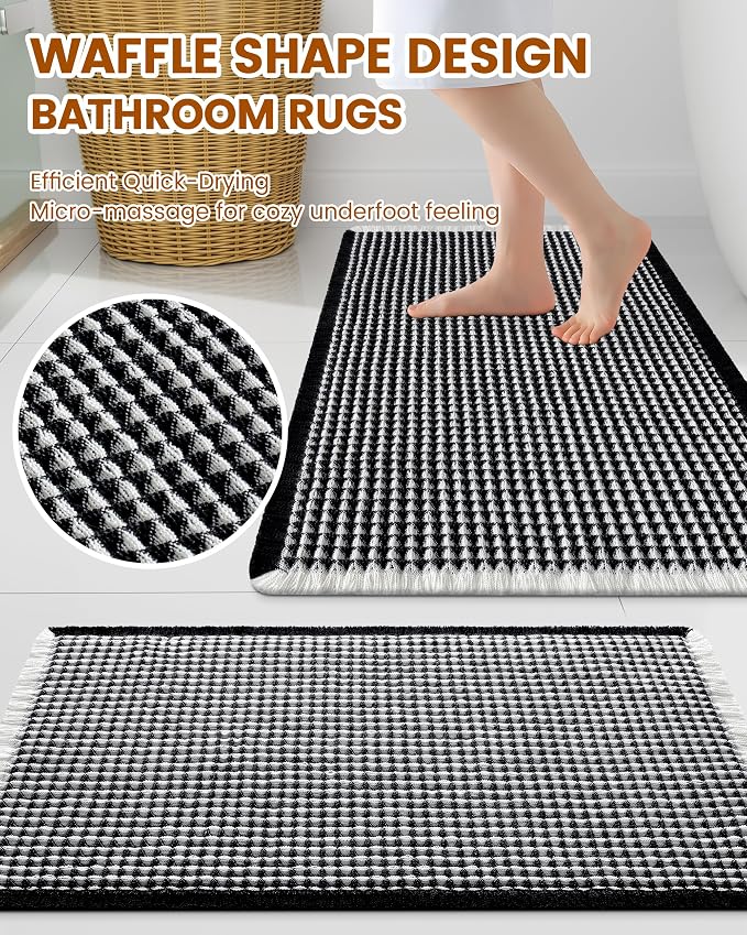 Smiry Waffle Bath Mat 60x24, Extra Soft Absorbent Bathroom Rugs, Non Slip Machine Washable Quick Dry Bath Rugs for Bathroom Floor, Tub, Shower, Home Decor Accessories, Black & Cream