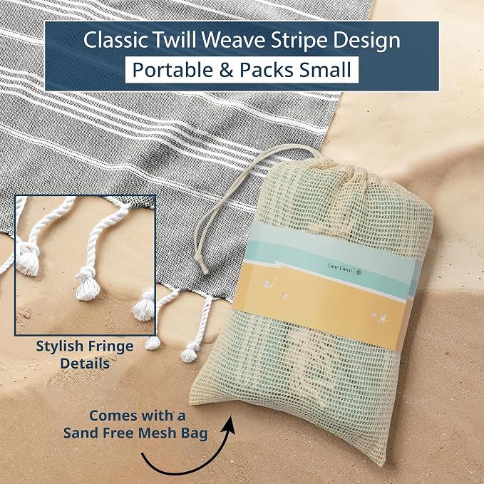 LANE LINEN Beach Blanket Sand Free, Cotton & Big Beach Towel - Smokey Black