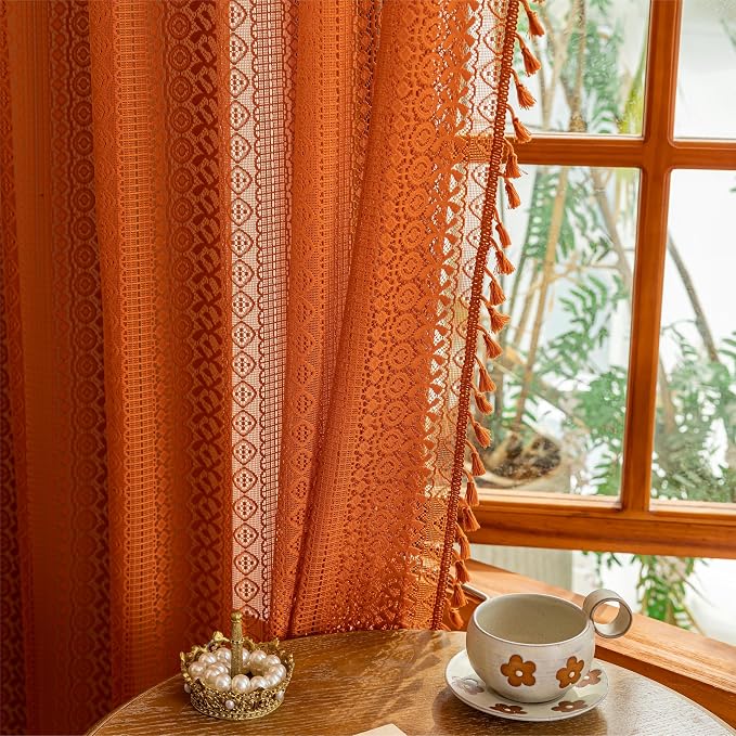 Sutuo Home Lace Boho Curtains 2 Panels for Living Room Bedroom, Semi Sheer Curtains French Country Privacy Vintage Chic Tassels Burnt Orange Rustic Halloween Decor Rod Pocket, 50" x 108" Terracotta