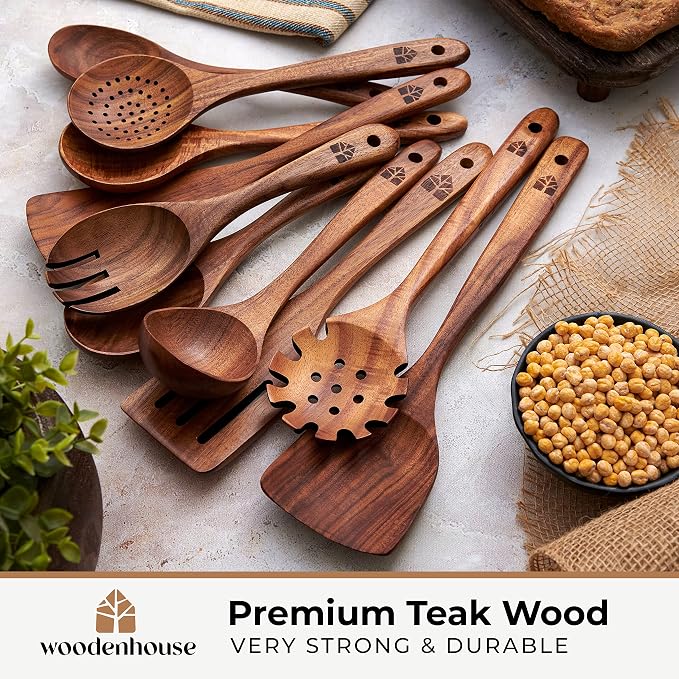 Wooden Spoons for Cooking – 10 Pcs Teak Wood Utensil Set, Durable, Nonstick Safe & Heat Resistant with Ergonomic Handles