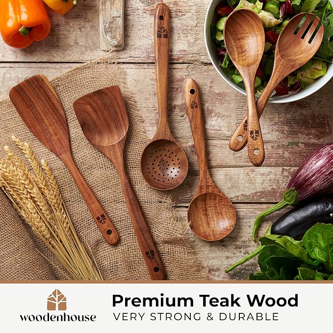 Wooden Spoons for Cooking – Wooden Kitchen Utensils Set, Multipack Teak Wood Utensil Set – Comfortable Grip Non–Stick Wooden Cooking Utensils
