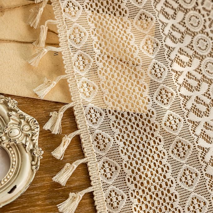 Sutuo Home Beige Boho Short Curtains for Kitchen Window Curtains Over Sink,Sheer Lace Crochet Bohemian Valance Privacy Vintage Chic Tassels Rustic Small Window Decor Rod Pocket,2 Panels 50" W x 18" L