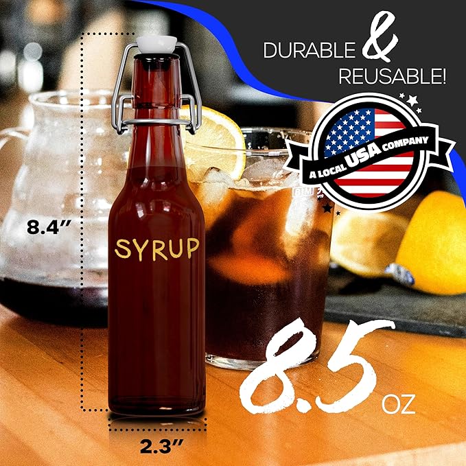 Nevlers 8.5 Oz Amber Swing Top Glass Bottles with Airtight Lid | Beer Bottle with Stopper 18 Pack w/Funnel, Brush & Marker | Reusable Flip Top Glass Bottle Set | Homemade Vanilla Extract Bottles