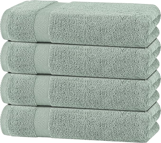 White Classic Green Bath Towels 27x54 Inch, Cotton Towel Set for Bathroom, Hotel, Gym, Spa, Soft Extra Absorbent Quick Dry 4 Pack