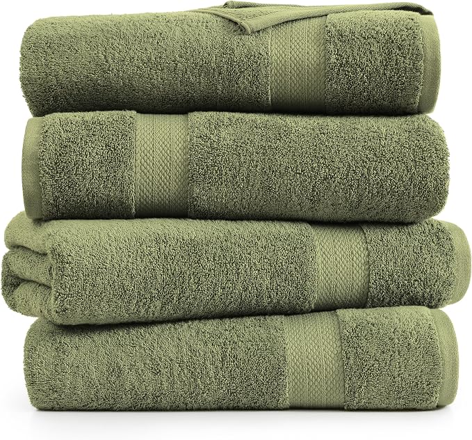 LANE LINEN Bath Towel Set 100% Cotton 4 Piece Soft Absorbent - Oil Green | Shower Towels - Generously Sized, Oversized & Roomy, Lightweight & Breathable, Fade-Resistant Color, Classic Terry Weave