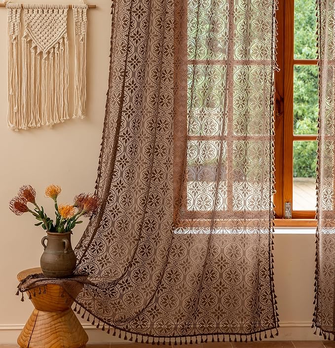 Sutuo Home Boho Sheer Curtains 2 Panels 84 inches Long for Bedroom Living Room,Caramel Lace Curtains Cottage Crochet Bohemian Floral Farmhouse Victorian Vintage Tassels Rod Pocket, 50" W,Dark Coffee