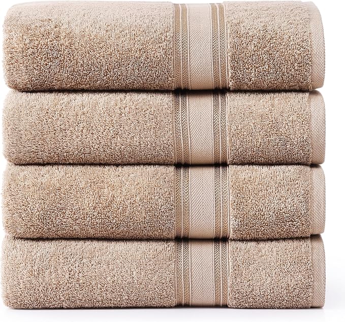 LANE LINEN 100% Cotton Bath Towels Set of 4 (30"x60") - Zero Twist, Cotton Bathroom Towel Sets - Quick Dry, Highly Soft & Absorbent Large Shower Towels for Bathroom - Sustainabaly Produced - Taupe
