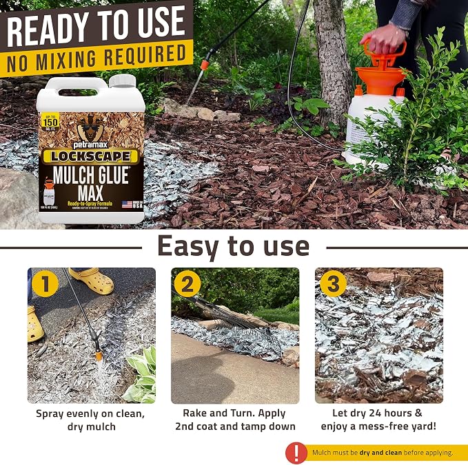 PetraMax Lockscape Mulch Glue for Landscaping, (Made in USA) - Pet-Safe Landscape Adhesive for Pine Straw, Wood Chips - Ready to Spray Mulch Anchor & Landscape Glue Spray for Lawns & Patios (2 Gallon)