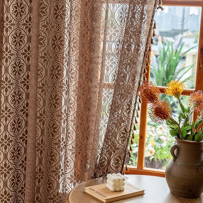 Sutuo Home Dark Coffee Boho Lace Curtains 72 inch Lengh for Nursery Bedroom, Caramel Sheer Floral Curtains Privacy Crochet Vintage Chic Tassels Bohemian Drapes Cottagecore Rod Pocket, 2 Panels 50" W