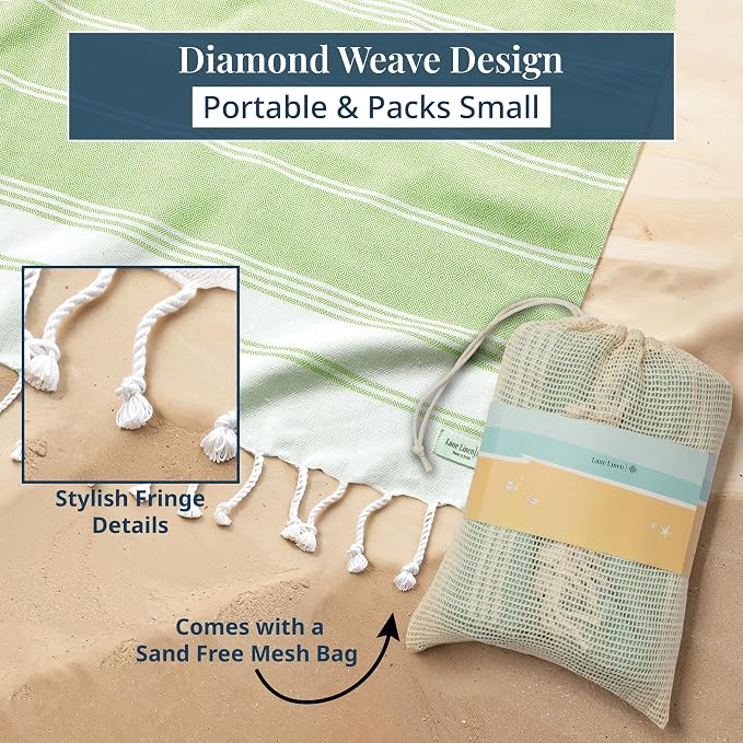 LANE LINEN Beach Blanket Sand Free, Turkish & Large Beach Towel - Jadelime | Sand Free Beach Blanket, 82"x82" - Great For Vacations, Parks & Concerts - Sand Slides Right Off - Roomy Family Size