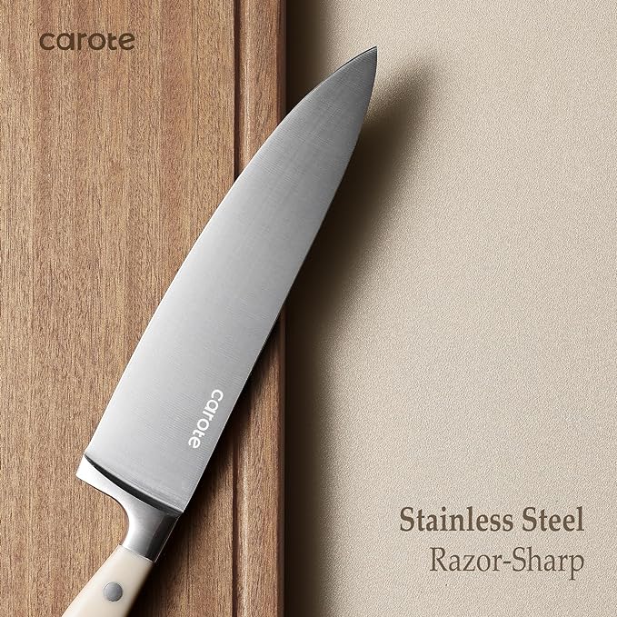 CAROTE 14-Piece Knife Set with Wood Block, Rust-Resistant, Cream | Razor-Sharp High Carbon Stainless Steel Knives, Long-Lasting Sharpness, Forged, Triple-Riveted Ergonomic Non-Slip Handles