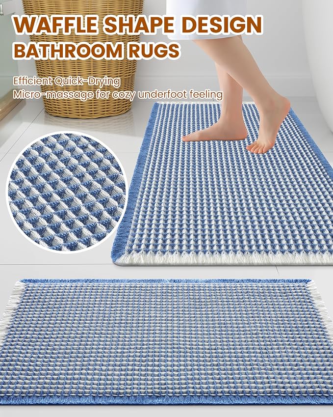 Smiry Waffle Bath Mat 72x24, Extra Soft Absorbent Bathroom Rugs, Non Slip Machine Washable Quick Dry Bath Rugs for Bathroom Floor, Tub, Shower, Home Decor Accessories, Blue & Cream