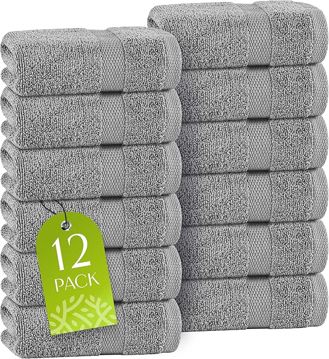 White Classic Light Gray Washcloths Set for Body and Face Towel, Cotton Wash Cloths Bulk 12 Pack, Spa Fingertip Wash Clothes 12x12 Inch, Soft Absorbent Gym Towels