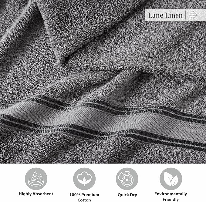 LANE LINEN Bathroom Towel Set 3 Piece Soft Absorbent Quick Dry - Cool Grey | Pack Of Towels - Coordinated Colors, Dobby Border Accent, OEKO-TEX Certified, Zero-Twist Durability, Zero-Twist Cotton