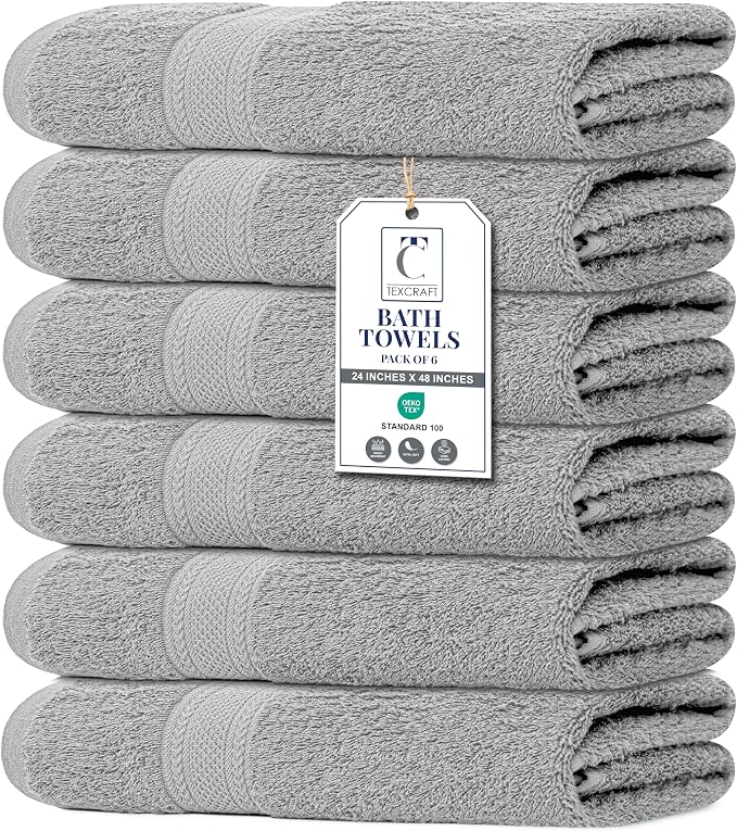 Medium Size Bath Towels Set of 6 – 100% Cotton Terry – 24" x 48" – Quick Dry, Soft & Highly Absorbent – Light Grey Towels for Bathroom, Gym, Spa, Pool & Daily Use