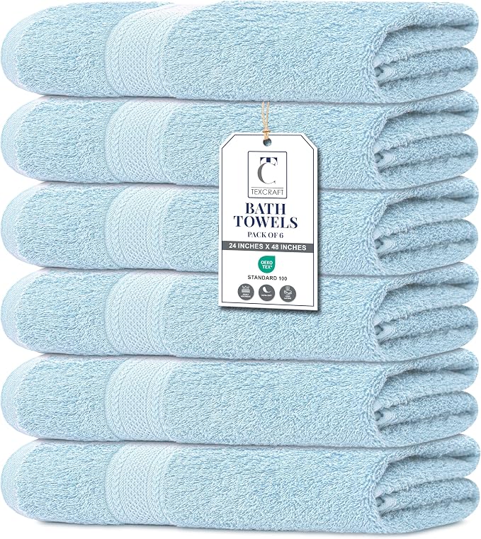 Medium Size Bath Towels Set of 6 – 100% Cotton Terry – 24" x 48" – Quick Dry, Soft & Highly Absorbent – Sky Blue Towels for Bathroom, Gym, Spa, Pool & Daily Use