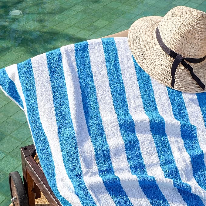 Arkwright California Cabana Stripe Beach Towel - Pack of 4, Large Soft Quick Dry 100% Cotton Terry Towels Set for Pool, Swim, and Hot Tub, Oversized 30 x 70 in, Blue