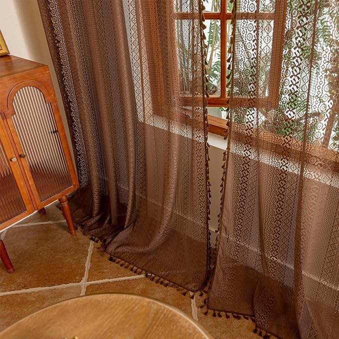 Sutuo Home Dark Coffee Boho Lace Curtains 108 inches Long for Bedroom Living Room, Caramel Sheer Window Curtains Bohemian Crochet Privacy Vintage Tassels Cottagecore Decor Rod Pocket,2 Panels 50" W