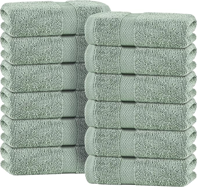 White Classic Green Hand Towels for Bathroom [12 Pack] Cotton Hand Towel Bulk for Gym, Kitchen and Spa, 16x27 Inches Soft Highly Absorbent Quick Dry Terry Salon Towels