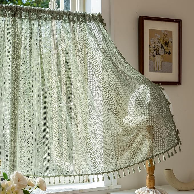 Sutuo Home Sage Green Boho Lace Short Curtains 2 Panels 50" W x 36" L | Sheer Valance Curtains For Kitchen Window Over Sink Drape Closet Crochet Privacy Farmhouse Vintage Tassels Rod Pocket
