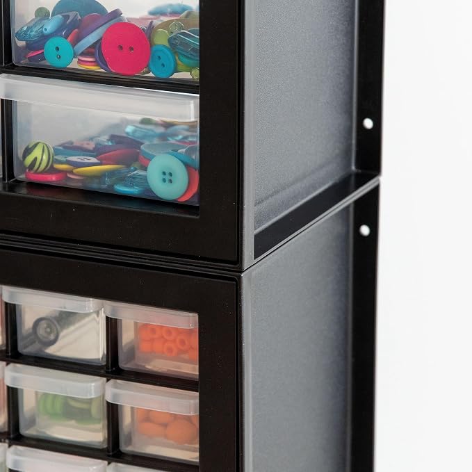 IRIS USA 24-Drawer Plastic Storage Organizer, Made in USA, Teacher Toolbox, Multi Drawer Cabinet For Garage Tools Beads Balloons Building Bricks Crafts Stickers Small Business Scrapbook Art, Black