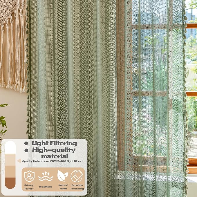 Sutuo Home Sage Green Boho Lace Curtains 2 Panels for Kitchen Living Room | Bohemian Cottage Semi Sheer Window Curtains Drape Crochet Vintage Tassels Privacy Rustic Geometry Xmas Rod Pocket, 50" x 63"