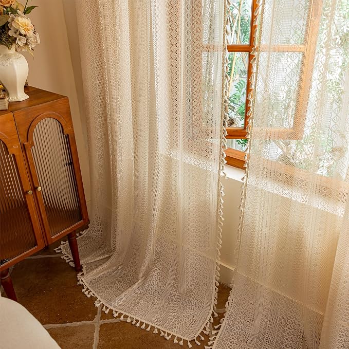 Sutuo Home Beige Boho Lace Curtains 84 inches Long,Crochet Macrame Bohemian Drape Farmhouse Vintage Chic Tassels,Cream Sheer Window Curtains for Living Room&Bedroom Decor Rod Pocket, 2 Panels 50" W