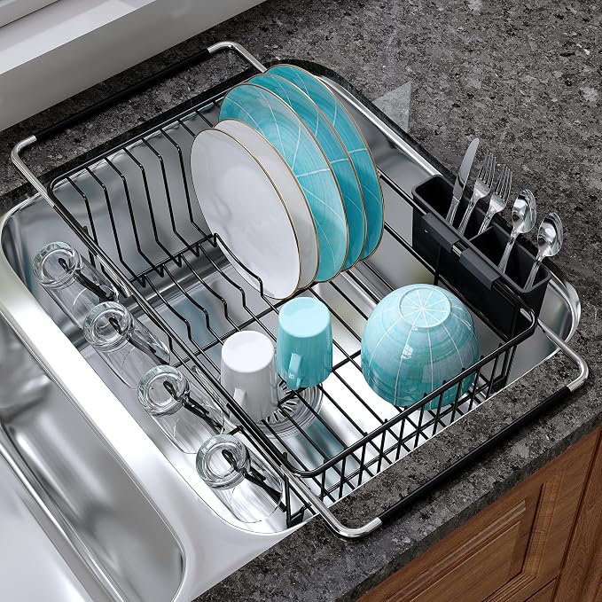 JASIWAY Black Dish Drying Rack in Sink, Dish Drainer with Utensil Holder | Over The Sink Expandable Stainless Steel Strainer Dryer Rack for Small Kitchen, Counter Space Saving, Fast Drain, Rustproof