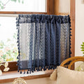 Sutuo Home Navy Blue Boho Curtains Valance 18 Inches Long for Kitchen Cafe, Sheer Lace Short Curtains Bohemian Crochet Privacy Macrame Vintage Tassels Cottagecore Closet Decor Rod Pocket,2 Panels 50"W