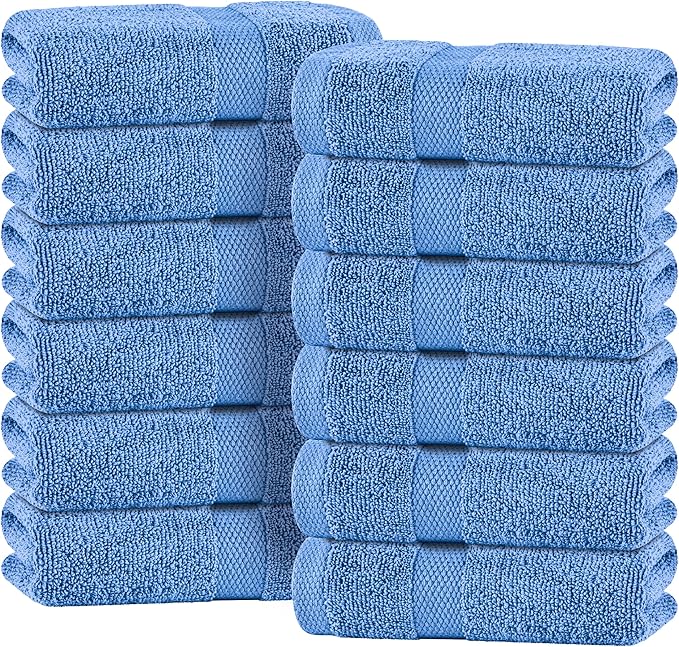 White Classic Light Blue Hand Towels for Bathroom [12 Pack] Cotton Hand Towel Bulk for Gym, Kitchen and Spa, 16x27 Inches Soft Highly Absorbent Quick Dry Terry Salon Towels