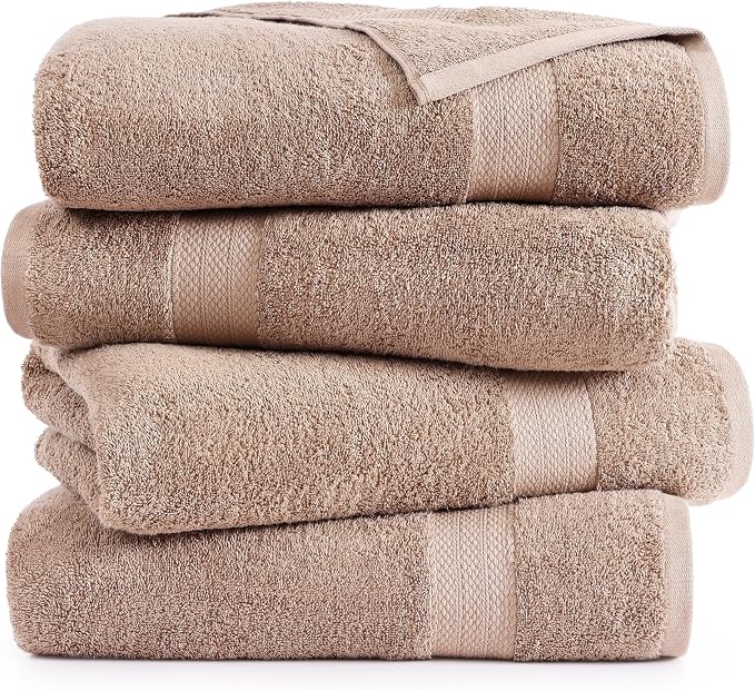 LANE LINEN Bath Towel Set 100% Cotton 4 Piece Soft Absorbent - Taupe | Cotton Bath Towels - Densely Woven, Coordinated Colors, Dobby Border Accent, OEKO-TEX Certified, Ring-Spun Durability