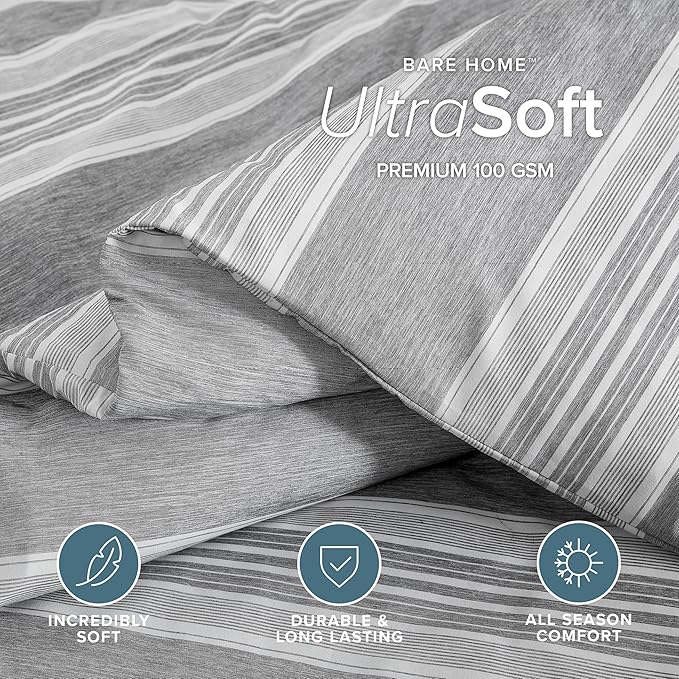 Bare Home Duvet Cover - Extra Long Size Bedding Set - Premium 1800 Super Soft Collection - Lightweight, Cooling - Soft Breathable Duvet Cover (Twin/Twin XL, Stripe - Heathered Charcoal)