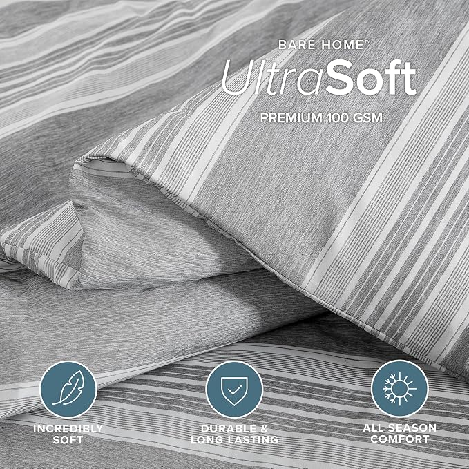 Bare Home Bedding Duvet Cover Full Size - Premium 1800 Super Soft Collection - Lightweight, Duvet Cover - Soft Textured Bedding (Full, Stripe - Heathered Charcoal)