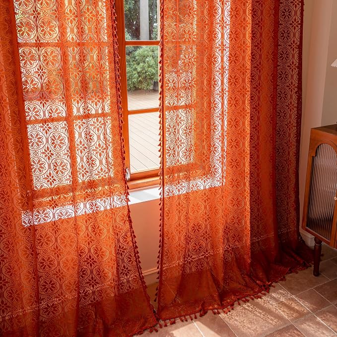 Sutuo Home Boho Floral Lace Curtains for Living Room Home Office, Semi Sheer Orange Curtains Farmhouse Privacy Crochet Vintage Victorian Tassels Rod Pocket Easter Decor, 2 Panels 50" x 96" Terracotta