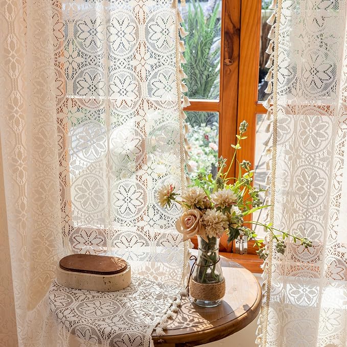 Sutuo Home Beige Boho Sheer Curtains 84 inches Long for Living Room Bedroom,Floral Lace Victorian Curtains 2 Panels Crochet Privacy Bohemian Farmhouse Vintage Tassels Cottage Decor Rod Pocket, 50" W